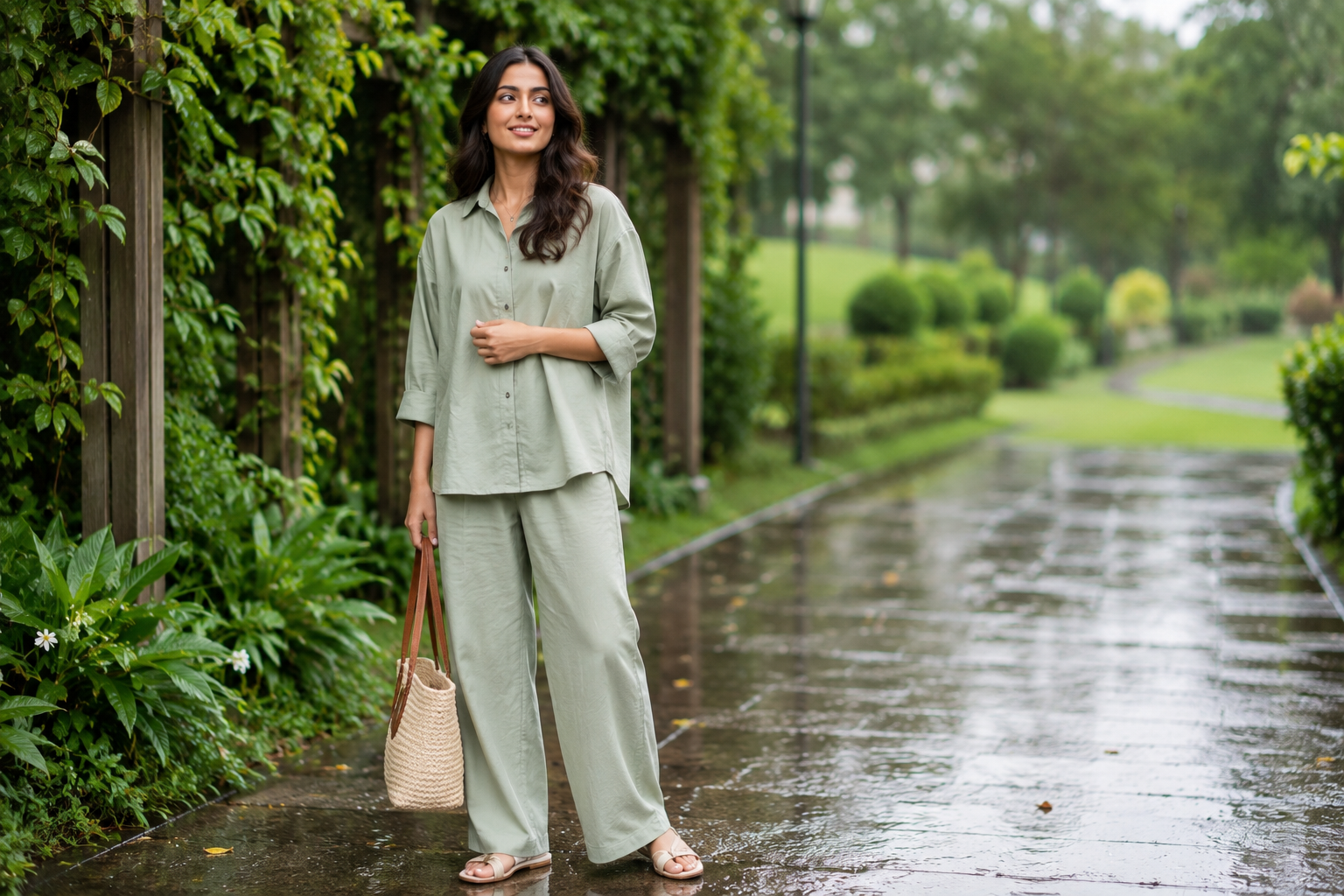 Indian woman wearing a sage green cotton co-ord set for monsoon.