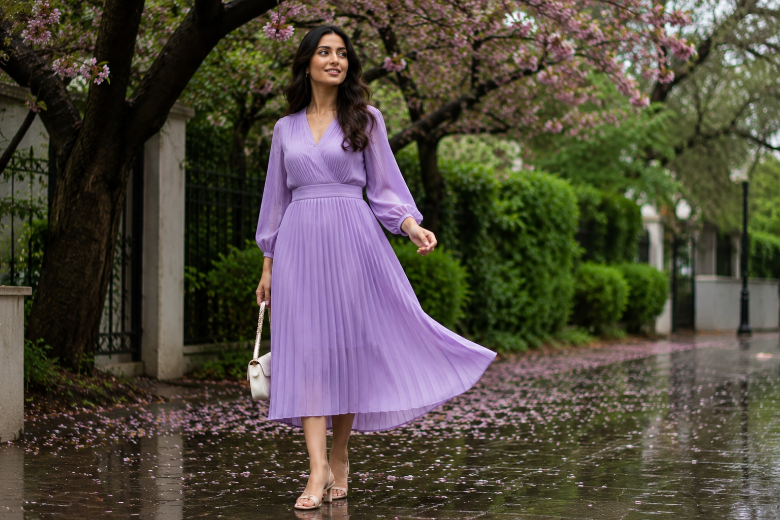 Indian woman wearing a lavender pleated midi dress for monsoon fashion.