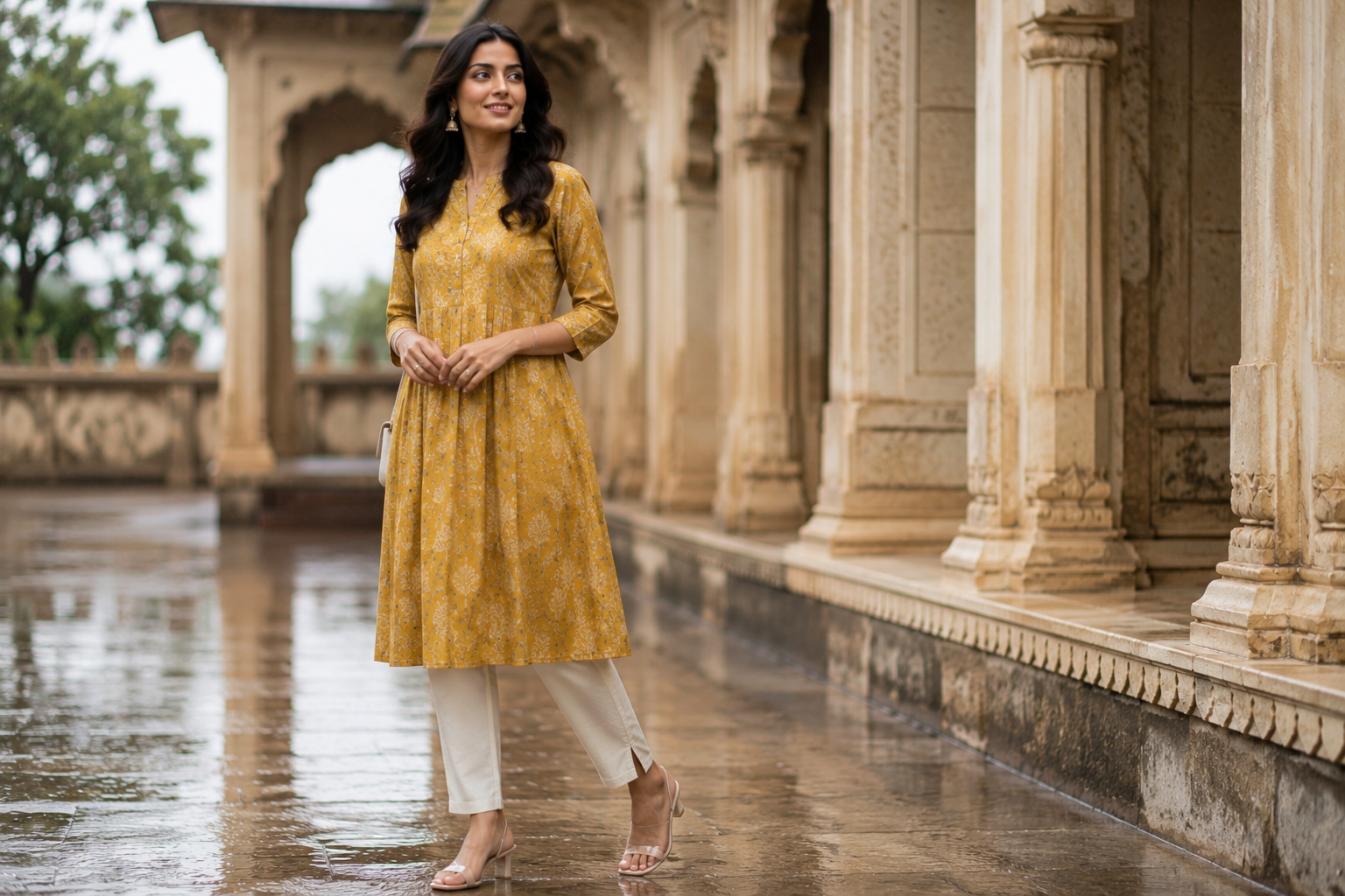 Indian woman wearing a mustard A-line kurti with cigarette pants.