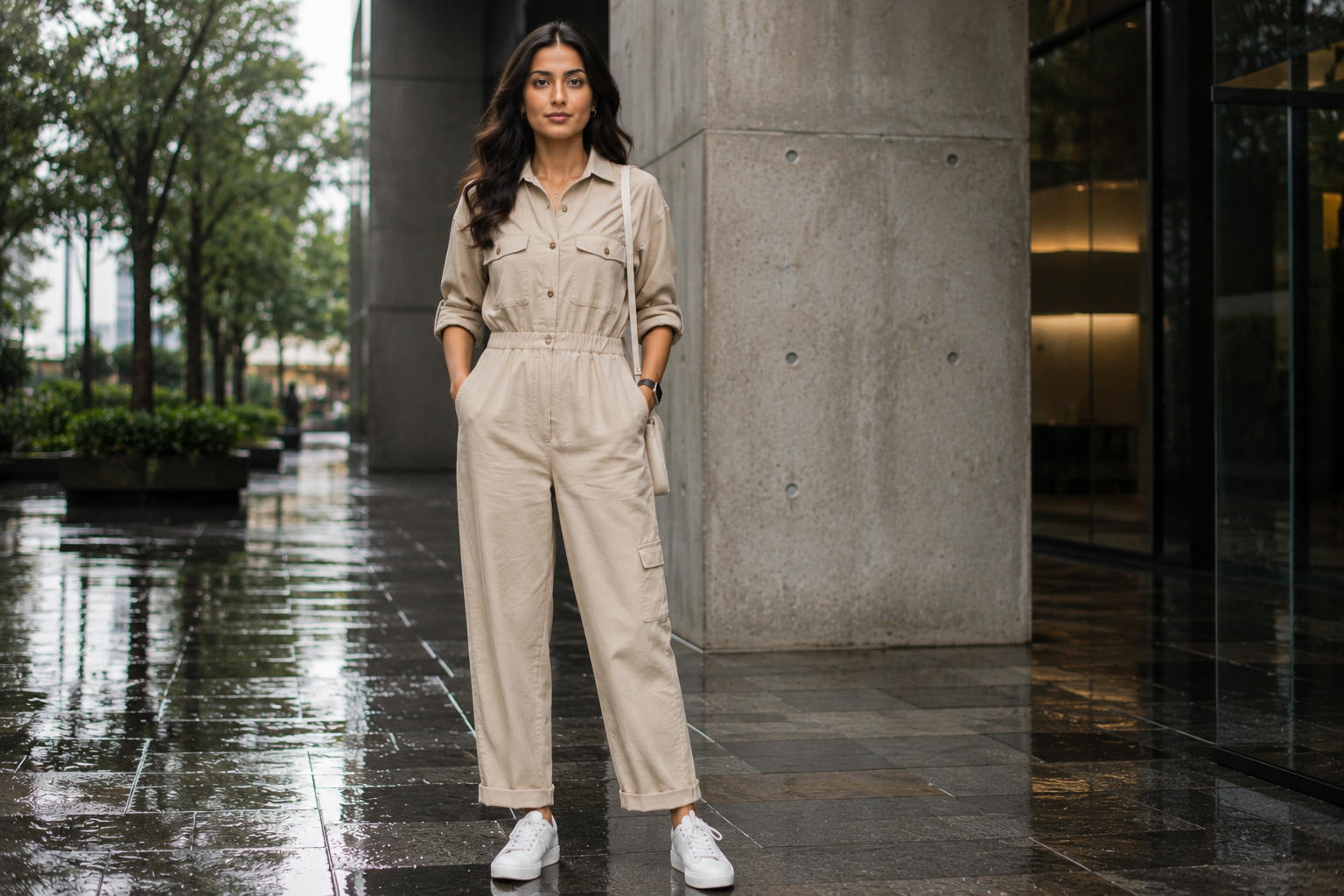 Indian woman wearing a beige utility jumpsuit for monsoon.