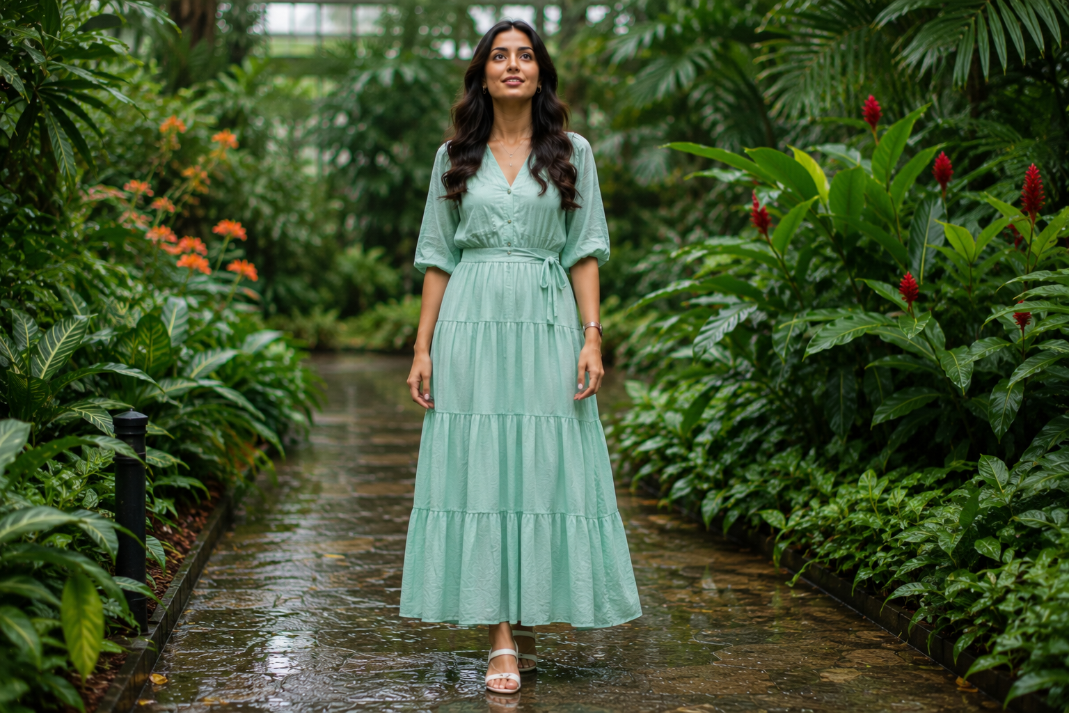 Indian woman wearing a mint green tiered maxi dress.