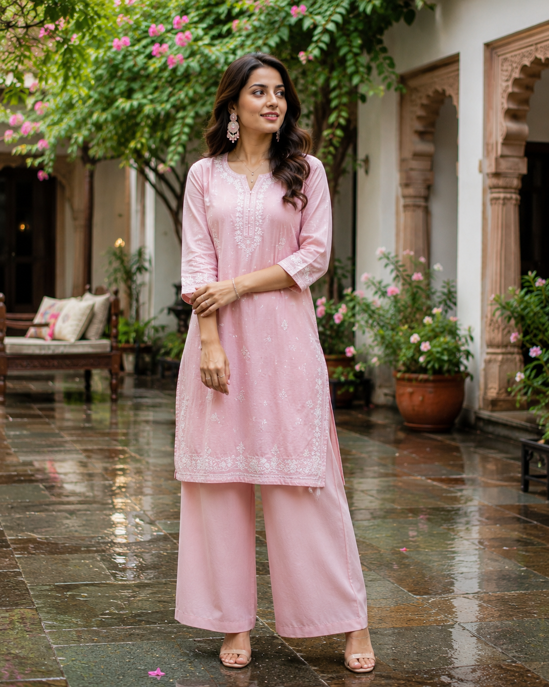 Indian woman wearing a short kurta with palazzo pants.