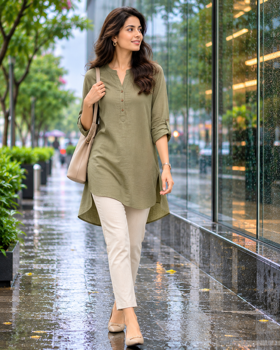 Indian woman wearing an olive tunic with slim trousers.