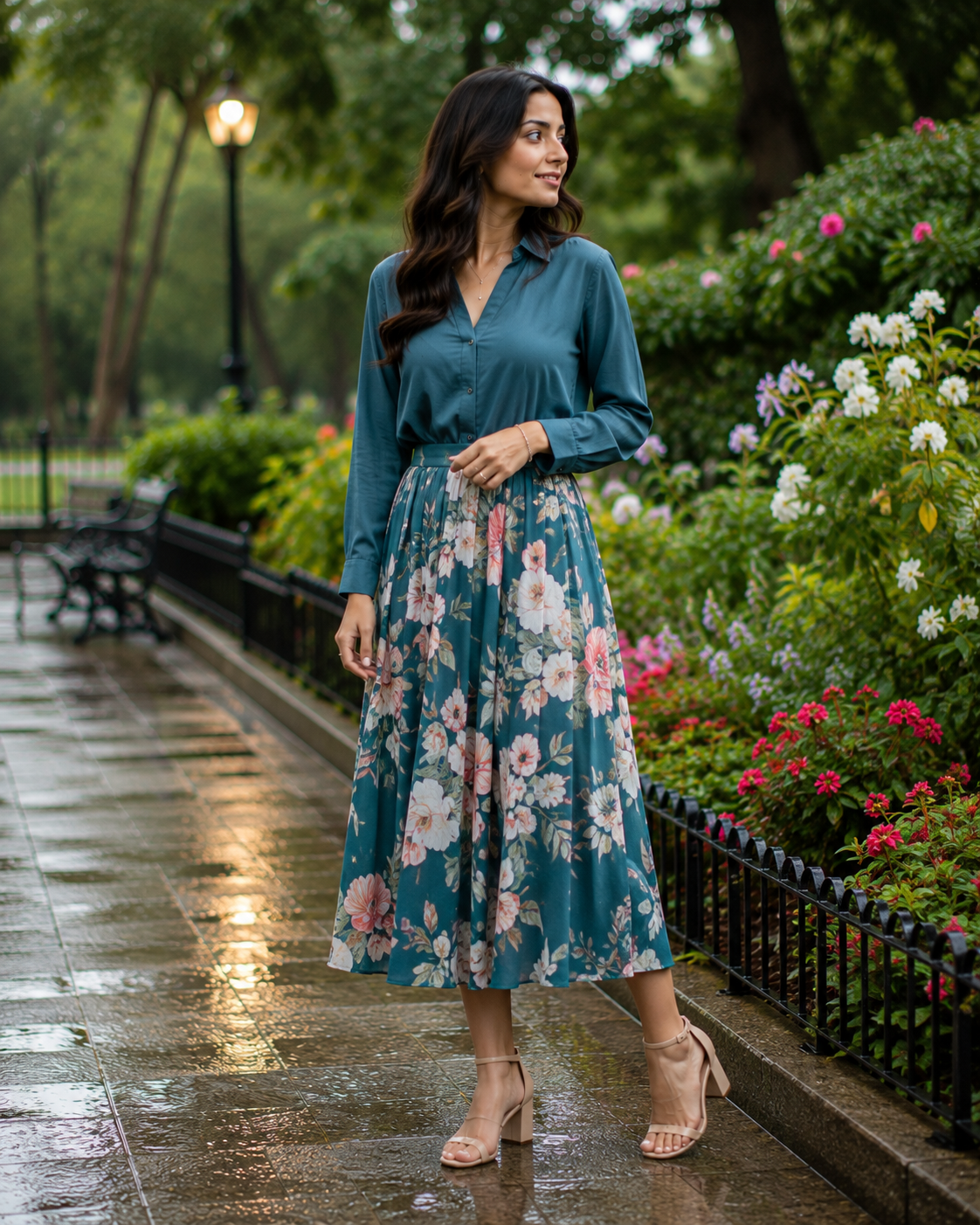 Indian woman wearing a floral midi skirt with a solid blouse.